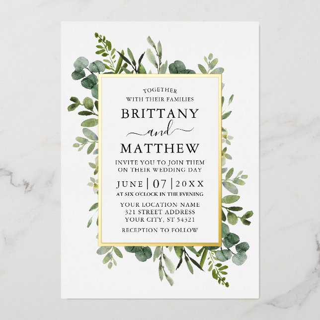 Invitation En Aluminium Aquarelle Botanique Vert Mariage Or (Recto)