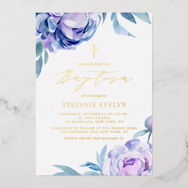 Invitation En Aluminium Aquarelle botanique Violet Peony Flowers Baptême (Recto)