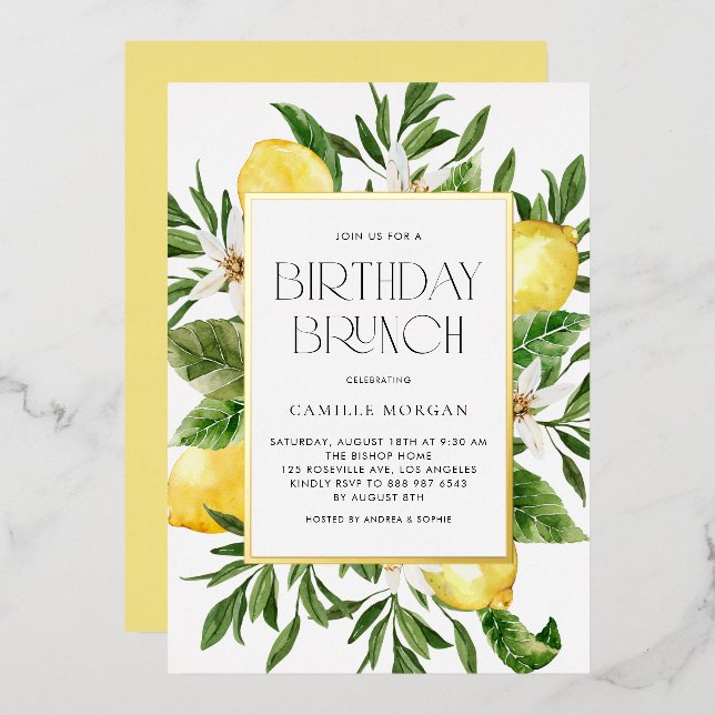 Invitation En Aluminium Aquarelle Cadre citron Botanique Anniversaire Brun (Recto/Verso)