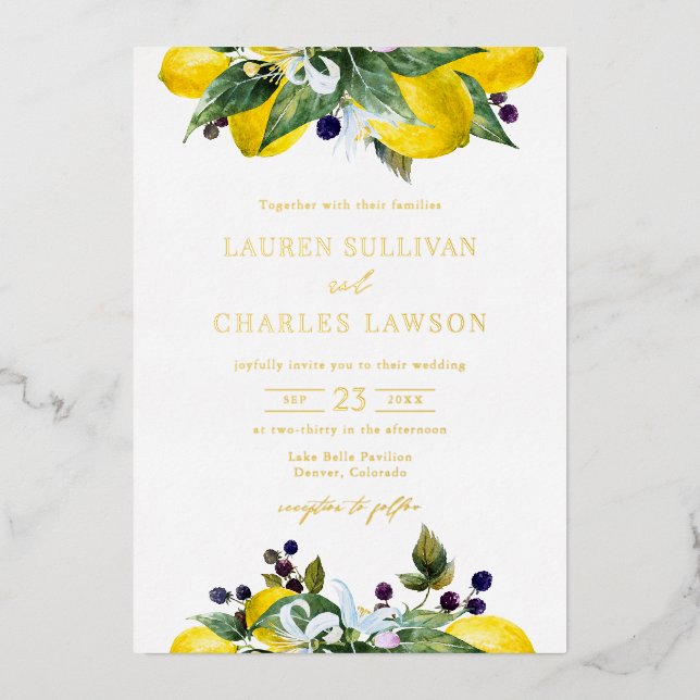 Invitation En Aluminium Aquarelle Citron et Blackberry Mariage d'été (Recto)