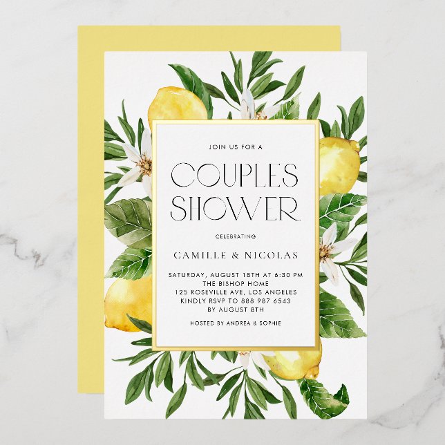 Invitation En Aluminium Aquarelle Citron Frame Botanique Couples Douche (Recto/Verso)