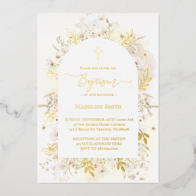 Invitation En Aluminium Aquarelle de baptême fleurs jaunes blanches (Recto)