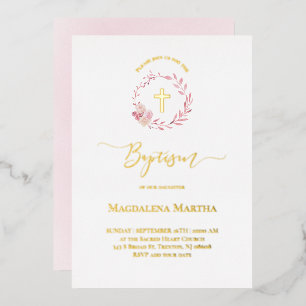 Invitation En Aluminium aquarelle de couronne rose poussiéreuse Baptême In