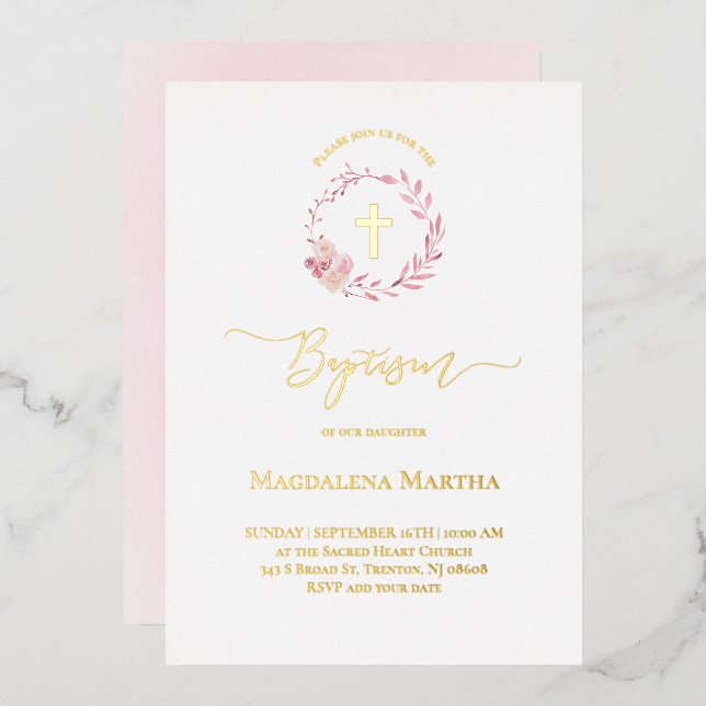 Invitation En Aluminium aquarelle de couronne rose poussiéreuse Baptême In (Recto/Verso)