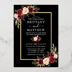 Invitation En Aluminium Aquarelle de mariage floral bordeaux or noir