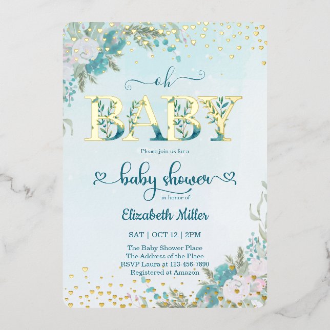 Invitation En Aluminium Aquarelle d'hiver Baby shower floral bleu (Recto)