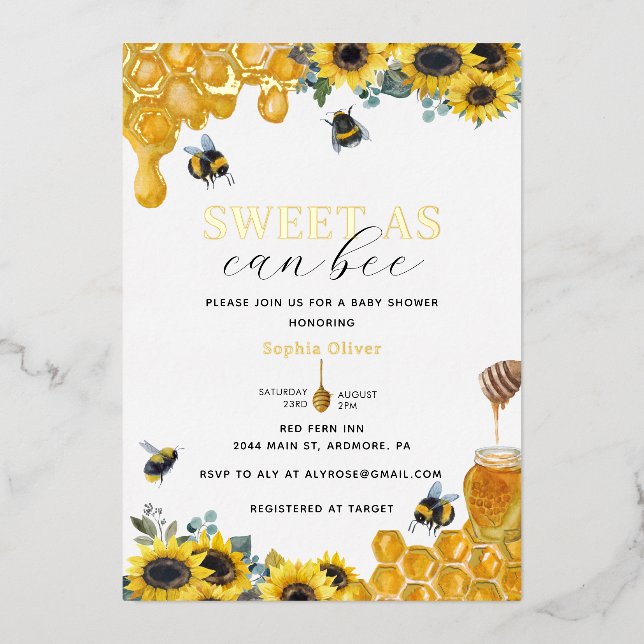 Invitation En Aluminium Aquarelle douce comme Can Bee Baby shower Or (Recto)