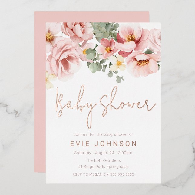 Invitation En Aluminium Aquarelle Dusty Rose Floral Baby shower Rose Or (Recto/Verso)