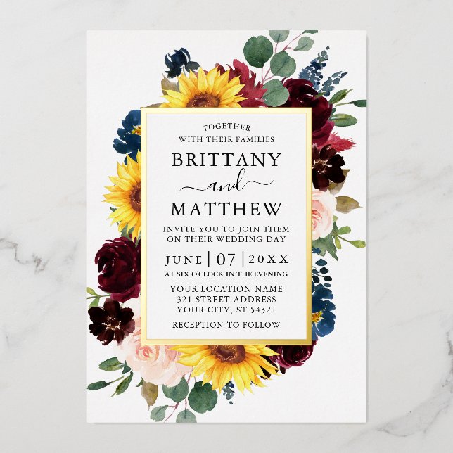 Invitation En Aluminium Aquarelle élégante Mixte Floral Mariage Gold (Recto)