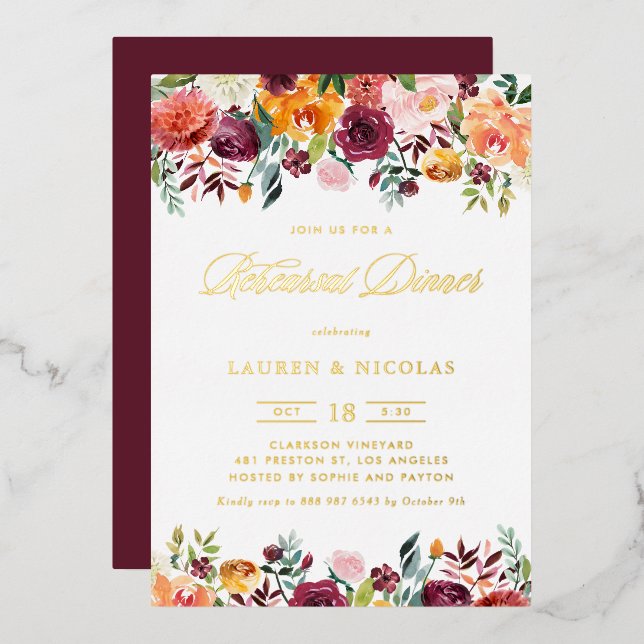 Invitation En Aluminium Aquarelle Fleurs d'automne Dîner de répétition Gar (Recto/Verso)
