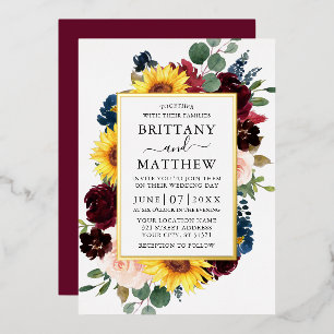 Invitation En Aluminium Aquarelle Fleurs Mixtes Mariage Bourgogne Or