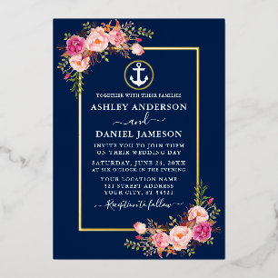 Invitation En Aluminium Aquarelle Fleurs Roses Ancre Marine Bleu Or