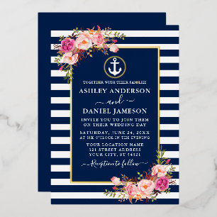 Invitation En Aluminium Aquarelle Fleurs Roses Ancre Rayures Bleu Or
