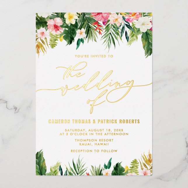 Invitation En Aluminium Aquarelle Fleurs tropicales Mariage d'été (Recto)