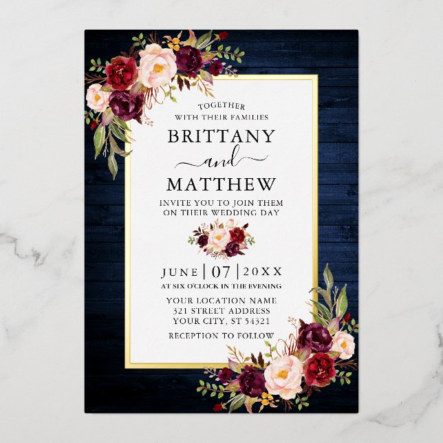 Invitation En Aluminium Aquarelle Floral Bleu Bois Mariage Or (Recto)