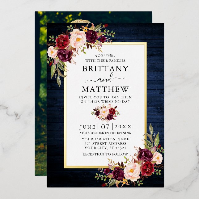 Invitation En Aluminium Aquarelle Floral Bleu Bois Photo Or (Recto/Verso)