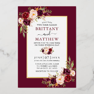Invitation En Aluminium Aquarelle Floral Bordeaux Mariage Feuille d'Or