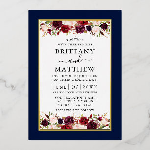Invitation En Aluminium Aquarelle Floral Mariage Bleu Élégant Or