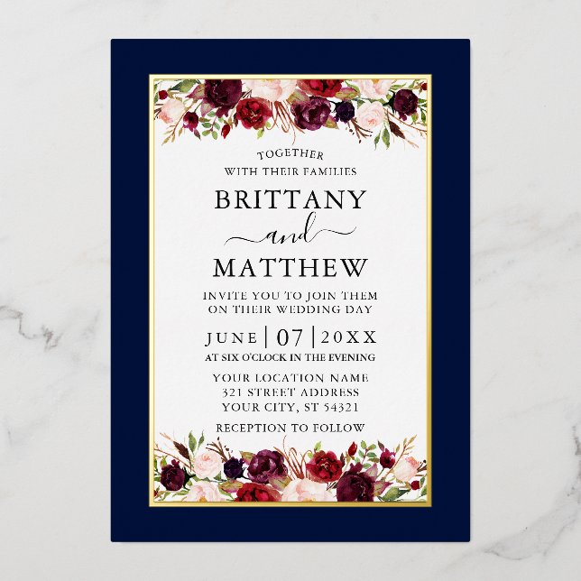 Invitation En Aluminium Aquarelle Floral Mariage Bleu Élégant Or (Recto)