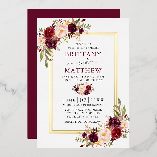 Invitation En Aluminium Aquarelle Floral Mariage Bourgogne 2 Frame Gold (Recto/Verso)