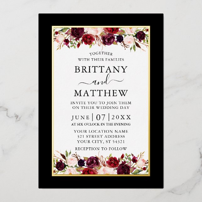 Invitation En Aluminium Aquarelle Floral Mariage Elégant Black Gold (Recto)