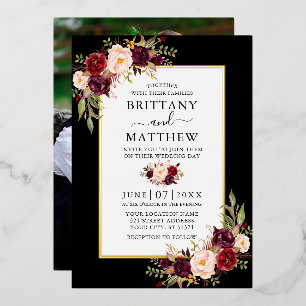 Invitation En Aluminium Aquarelle Floral Mariage photo Black Gold
