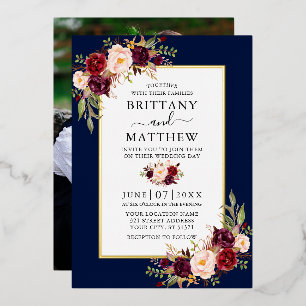 Invitation En Aluminium Aquarelle Floral Mariage photo bleu or