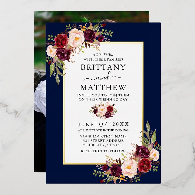 Invitation En Aluminium Aquarelle Floral Mariage photo bleu or (Recto/Verso)