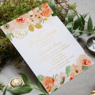 Invitation En Aluminium Aquarelle Floral Pailleté Moderne Quinceañera Or