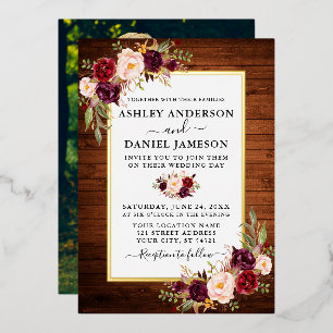Invitation En Aluminium Aquarelle Floral Photo Bois Rustique Or