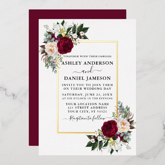 Invitation En Aluminium Aquarelle Floral Vert Mariage Or (Recto/Verso)