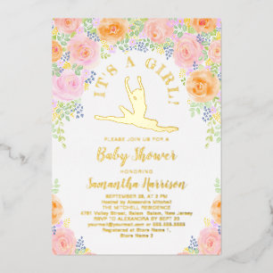 Invitation En Aluminium Aquarelle Florale Ballerina Baby shower Or rose
