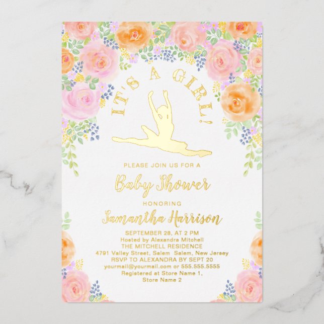 Invitation En Aluminium Aquarelle Florale Ballerina Baby shower Or rose (Recto)