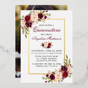 Invitation En Aluminium Aquarelle Florale Photo Quinceanera Or