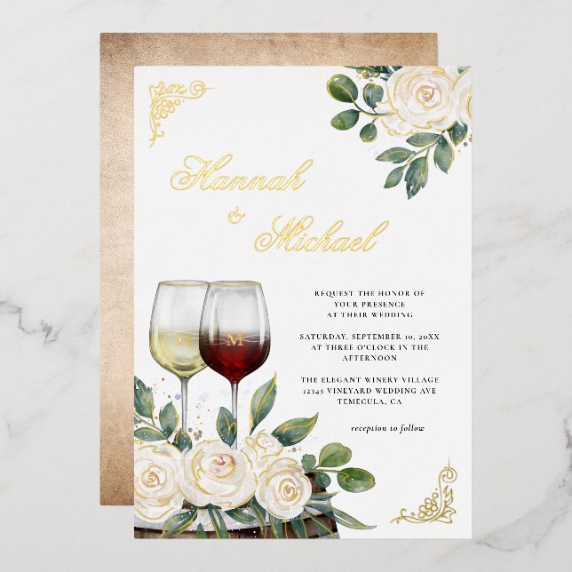 Invitation En Aluminium Aquarelle Florale Vignoble Mariage Or (Recto/Verso)