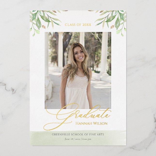 Invitation En Aluminium Aquarelle Foliage Feuille Script Photo Graduation (Recto)