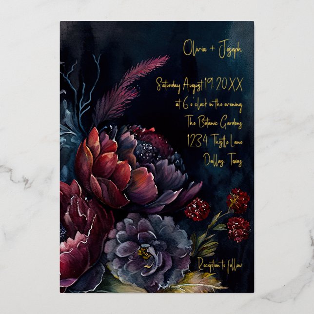 Invitation En Aluminium Aquarelle foncée Moody Floral Mariage (Recto)