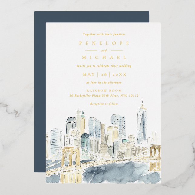 Invitation En Aluminium Aquarelle Gold Foil New York City Mariage (Recto/Verso)