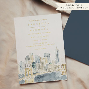 Invitation En Aluminium Aquarelle Gold Foil New York City Mariage