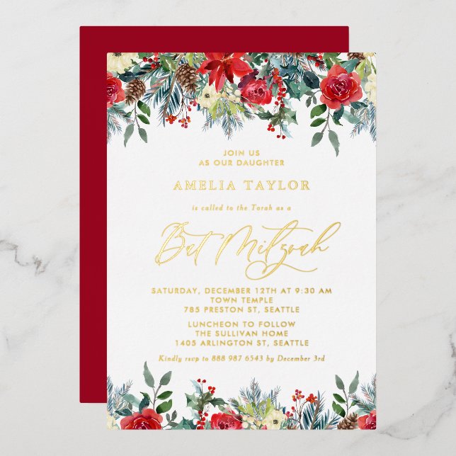 Invitation En Aluminium Aquarelle L'hiver fleurit Floral Bat mitzvah (Recto/Verso)