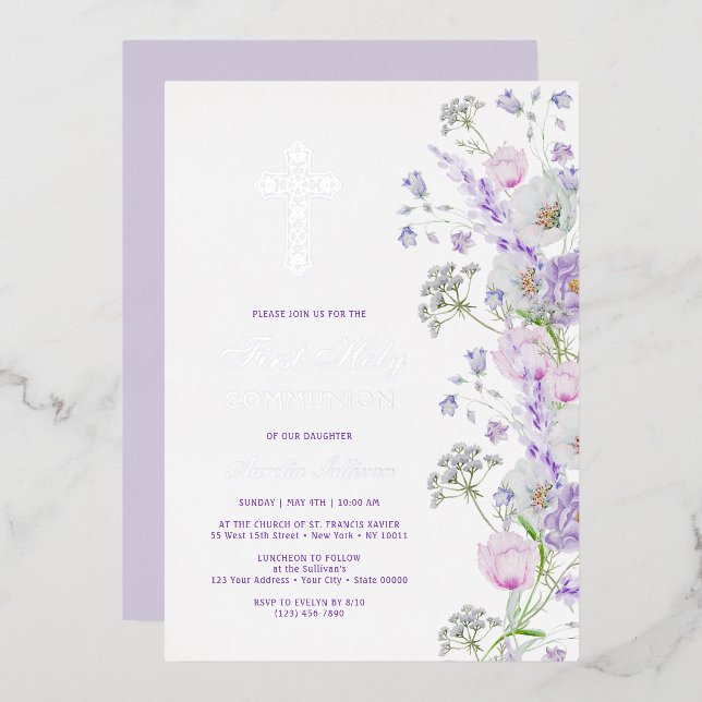 Invitation En Aluminium Aquarelle Lilac Fleurs Première communion (Recto/Verso)