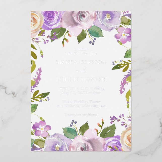 Invitation En Aluminium Aquarelle Lilac Floral Mariage élégant (Recto)