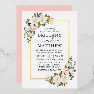 Invitation En Aluminium Aquarelle Magnolias Roses Roses Rose Mariage Or