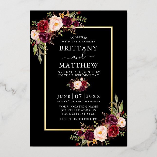 Invitation En Aluminium Aquarelle mariage Bourgogne Floral Noir Or (Recto)