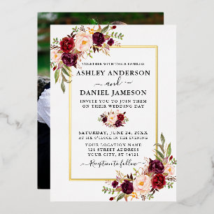 Invitation En Aluminium Aquarelle mariage Bourgogne Floral Photo Gold