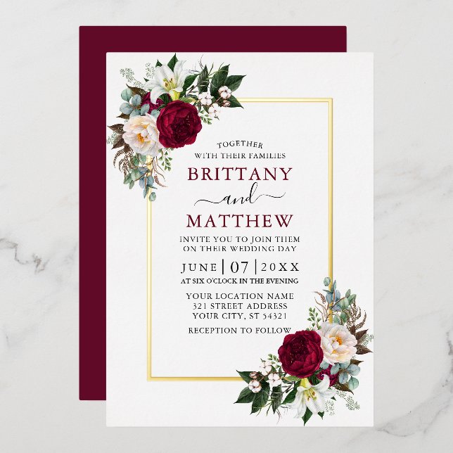 Invitation En Aluminium Aquarelle mariage Bourgogne Floral Vert Or (Recto/Verso)