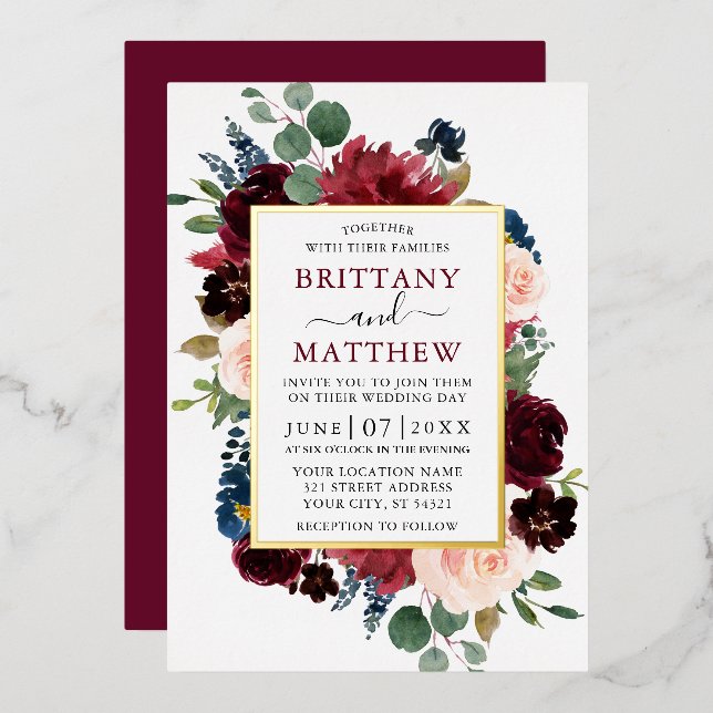 Invitation En Aluminium Aquarelle mariage Cadre Floral Or Bourgogne (Recto/Verso)