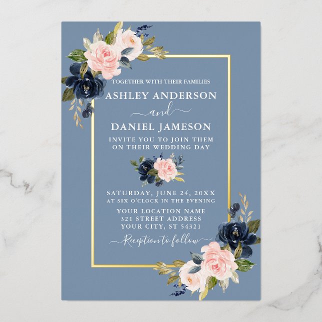 Invitation En Aluminium Aquarelle mariage Floral rose Dusty Blue Gold (Recto)