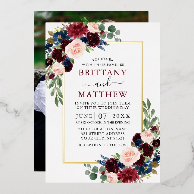 Invitation En Aluminium Aquarelle mariage Mixte Florale Photo Or (Recto/Verso)