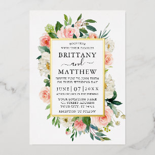 Invitation En Aluminium Aquarelle mariage Rose Blanc Floral Or
